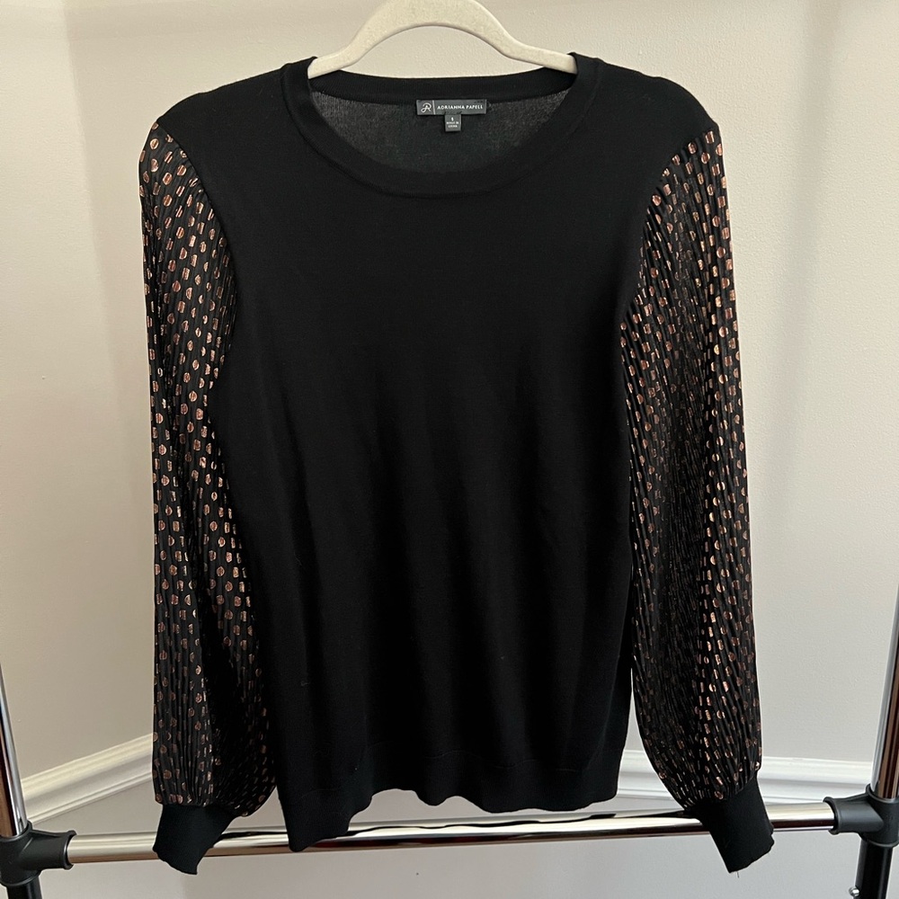 polka dot sheer metallic balloon sleeve black sweater